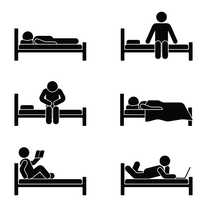 Stick figure different position in bed. Vector illustration of dreaming, sitting, sleeping person icon symbol sign set pictogram on white