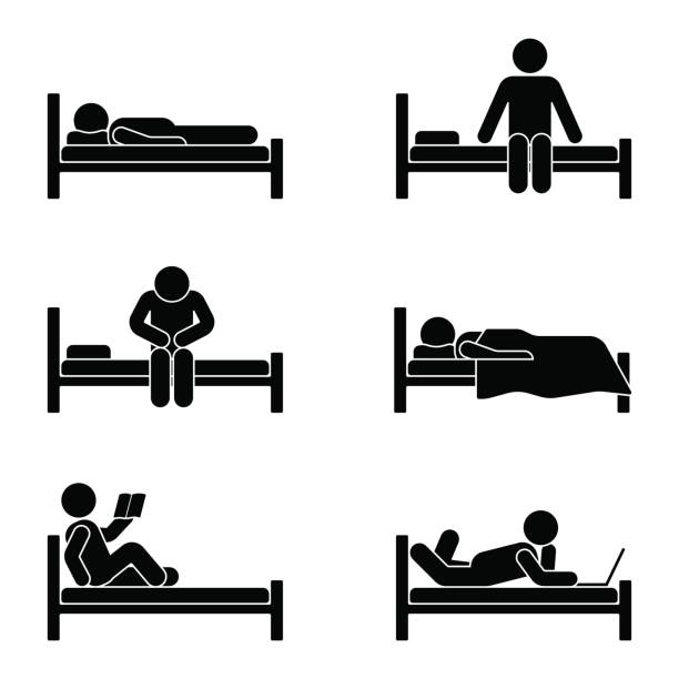 Stick figure different position in bed. Vector illustration of dreaming, sitting, sleeping person icon symbol sign set pictogram on white Stick figure different position in bed. Vector illustration of dreaming, sitting, sleeping person icon symbol sign set pictogram on white sleeping icons stock illustrations