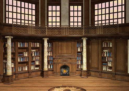 3D digital render of an antique library with lots of books and a fireplace