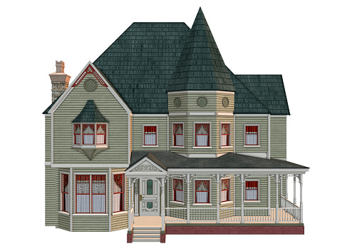 3D digital render of a beautiful Victorian house isolated on white background