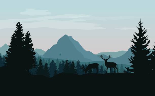 Landscape with blue mountains, forest and silhouettes of trees and wild deers - vector illustration Landscape with blue mountains, forest and silhouettes of trees and wild deers - vector illustration mountain clipart stock illustrations