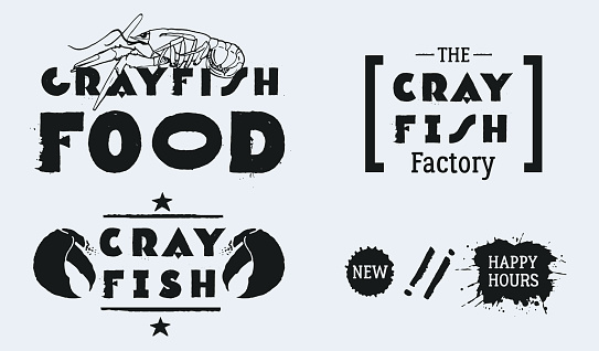 Claw illustration with line, star decoration and text CRAYFISH. Blots NEW, HAPPY HOURS