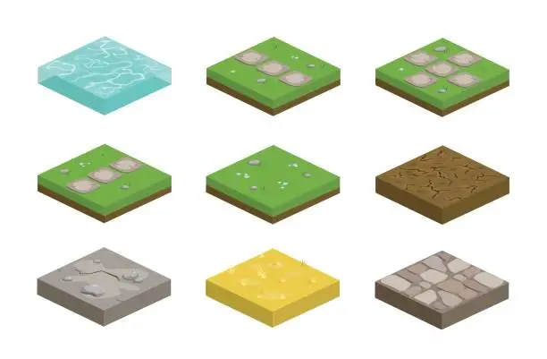 Vector illustration of Set of isometric landscape design tiles with different surfaces - grass, water, dirt, stone, pavement and parts for creating path
