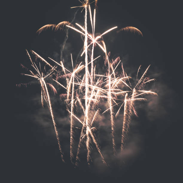 istock Beautiful large and colorful fireworks display show close-up on dark background 838866256