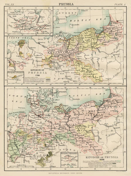 Map of Prussia 1883 Encyclopedia Britannica 9th Edition New York Samuel L. Hall 1883 Vol XX prussia stock illustrations