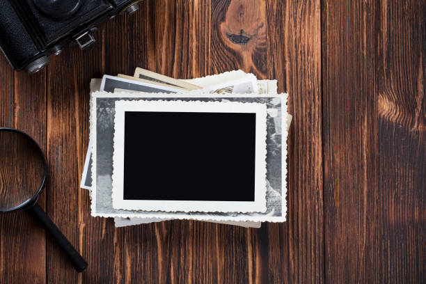 Vintage photo frame retro Wooden background table