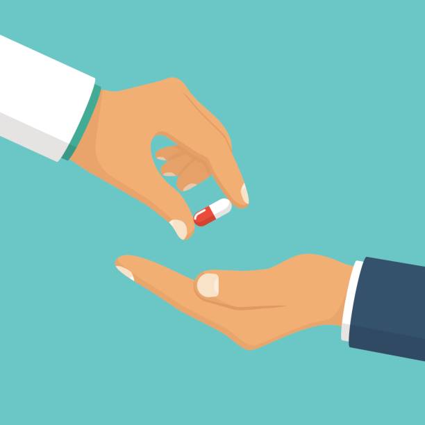 Doctor giving pills patient. Doctor giving pills patient. Vector illustration flat style design. Holding capsule in hands. Healthcare concept. Take painkillers drugs. Medications in palm. Isolated on background. Medicine giving medication stock illustrations