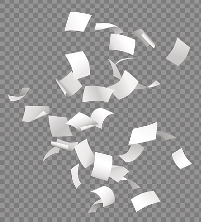 Group of flying or falling vector white papers isolated on transparent background.