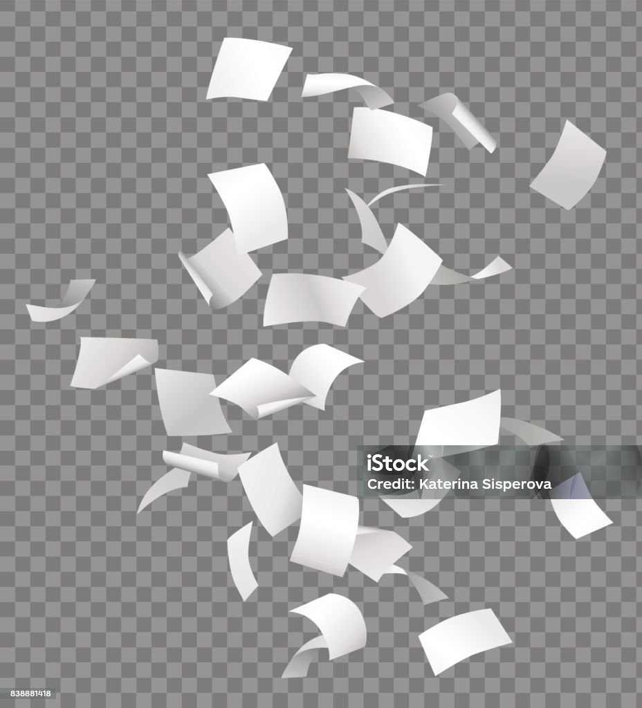 Group of flying or falling vector white papers isolated on transparent background Group of flying or falling vector white papers isolated on transparent background. Flying stock vector
