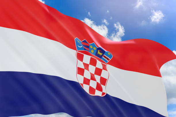 istock 3D rendering of Croatia flag waving on blue sky background 838881708