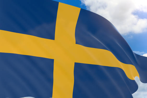 3d-рендеринг флага швеции, развевающегося на фоне голубого неба - day sky swedish flag banner стоковые фото и изображения