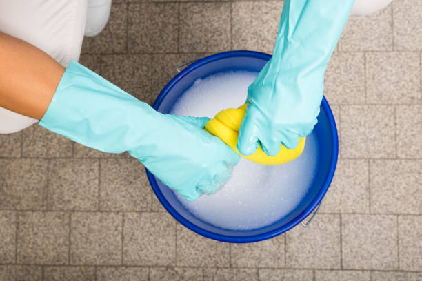 Close-up Of Woman Squeezing Cloth In Bucket