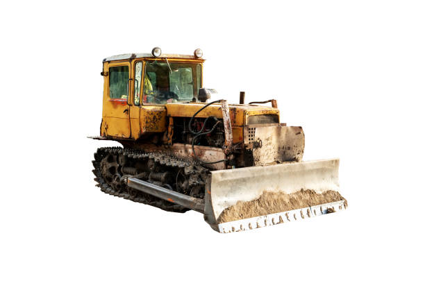 istock Vintage excavator working on clearing the land isolate on white background. 838891522