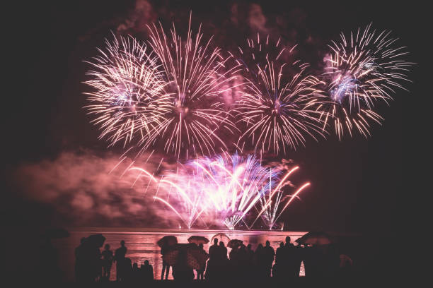 istock Beautiful large and colorful fireworks with unrecognizable crowd silhouettes people watching the show 838893982