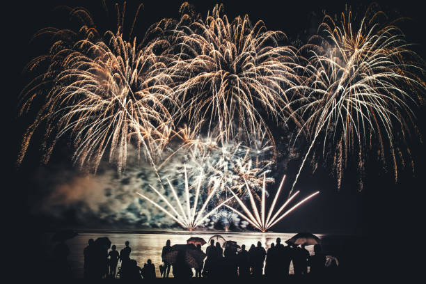 istock Beautiful large and colorful fireworks with unrecognizable crowd silhouettes people watching the show 838894458
