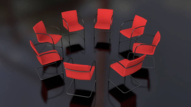 istock 3d rendering. Eight chairs in circle and black floor 838902472