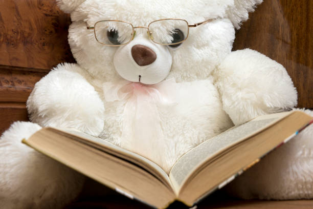 istock white toy bear with glasses reads a book 838903132
