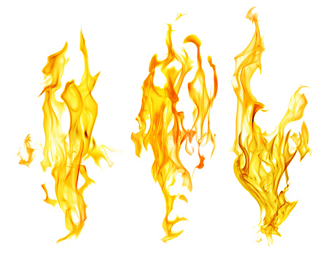 set of yellow flames isolated on white background