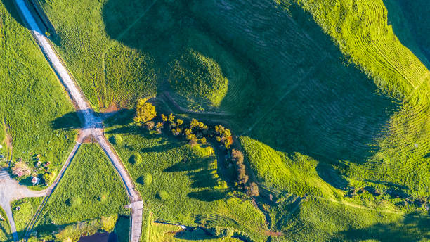 ニュー ・ プリマス近郊スロップ丘の上道路と家畜のパドックで、農地の空中写真。タラナキ地方、ニュージーランド - slops ストックフォトと画像