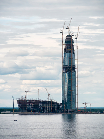 The Lakhta Center under construction on the outskirts of St Petersburg, Russia. The complex will be used for sports, leisure, exhibitions and offices when finished in 2018 and will be 462 metres high; it is expected to be the tallest building in Europe.