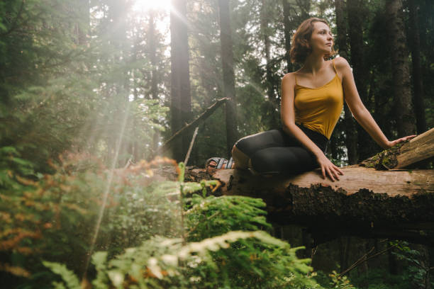 istock Woman resting  on the log after hiking 838920618