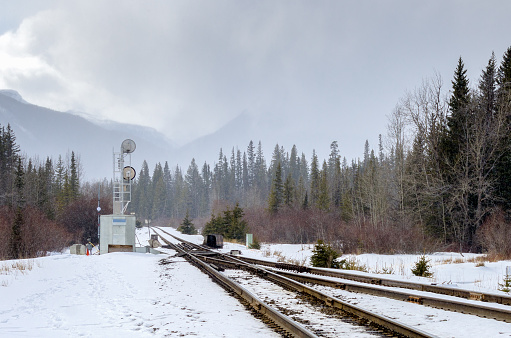 Switch on a Snowy Railroad on a Foggy Winter Day