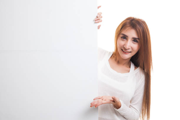 istock Young Asian woman present blank sign with palm hand. 838923326