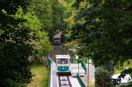 Prague, Czech republic - June 17, 2017: Tourists traveling with Petrin funicular railway to the Petrin lookout tower on June 17, 2017 in Prague, Czech republic.