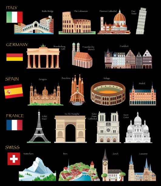 ilustraciones, imágenes clip art, dibujos animados e iconos de stock de world de viajes - brandenburg gate famous place germany spain