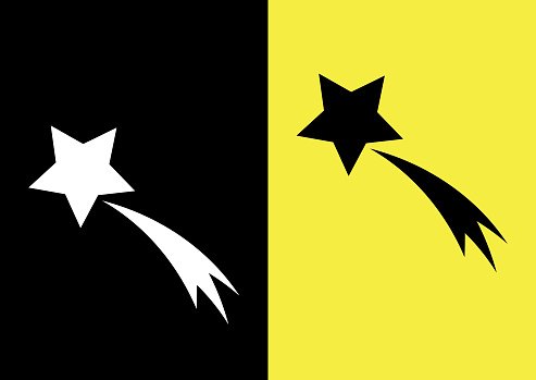 Schematic picture of the comet. Star and trail. Icon on a black and yellow background. Abstract.