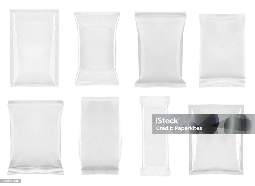 aluminum white bag package food template collection of  various white and aluminum bag and packages on white background. each one is shot separately Packaging Stock Photo