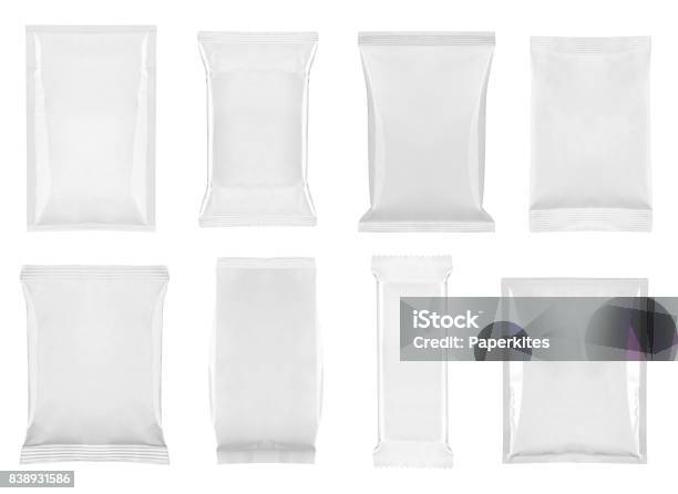 Aluminum White Bag Package Food Template Stock Photo - Download Image Now - Packaging, Plastic, Template
