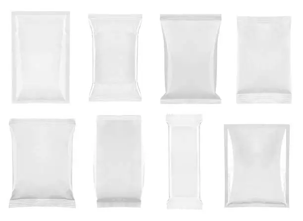 collection of  various white and aluminum bag and packages on white background. each one is shot separately