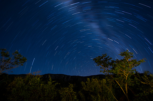 A DSLR Canon long exposure photo showing the night sky over Chapada dos Veadeiros (Veadeiros Plateau), Goiás, Brazil. Chapada dos Veadeiros National Park - Parque Nacional da Chapada dos Veadeiros