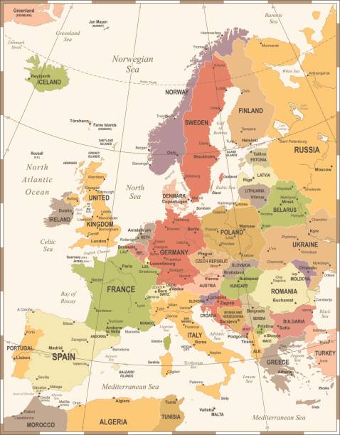 европа карта - винтаж вектор иллюстрация - denmark france stock illustrations