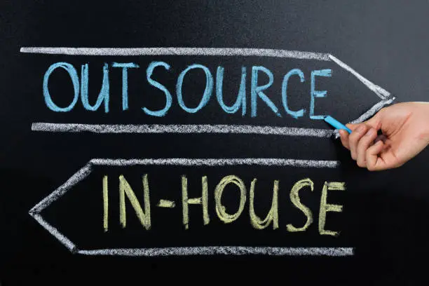 Photo of In-house Or Outsource Concept Drawn On Blackboard