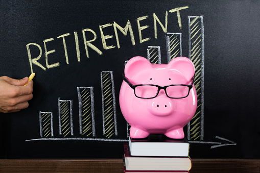 Piggybank With Retirement Plan Growth Concept On Blackboard