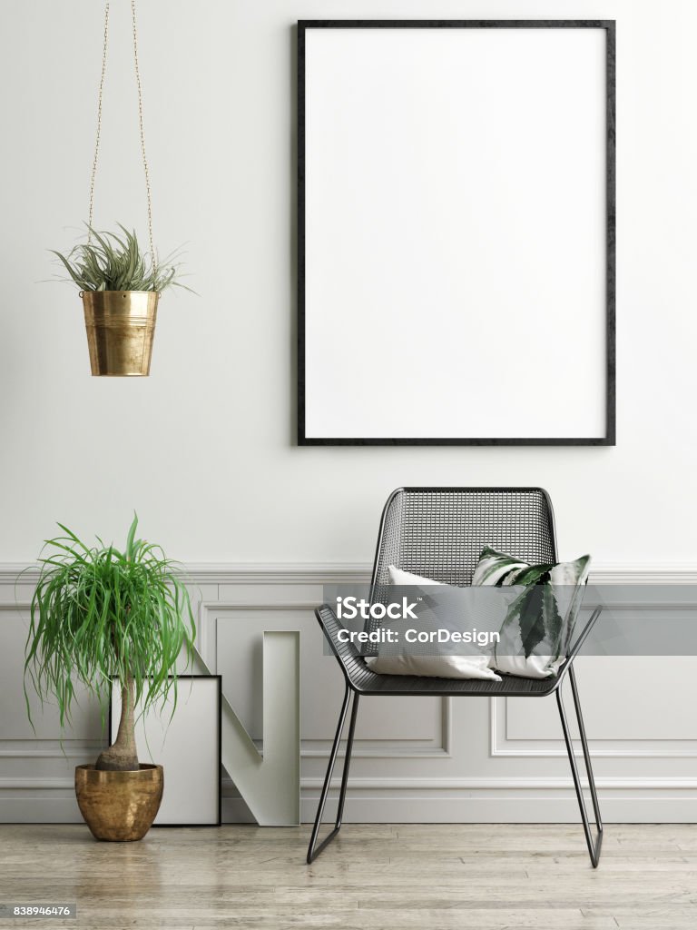 Stuhl, Pflanzen und Mock-up Poster auf leichte grüne Wand - Lizenzfrei Wohnzimmer Stock-Foto