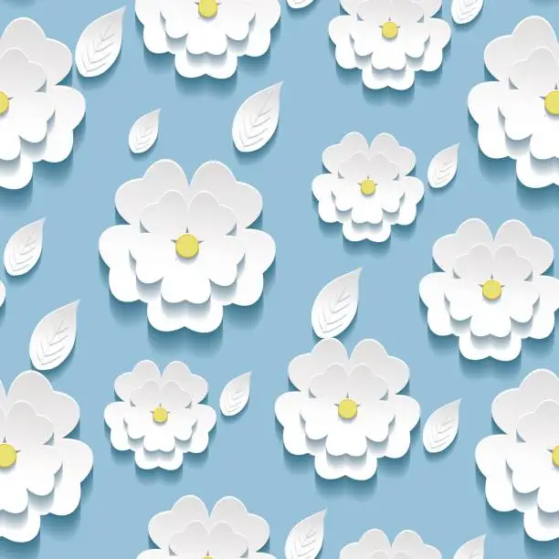 Vector illustration of Seamless pattern with 3d white sakura