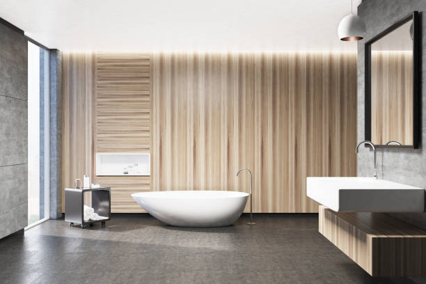 istock Wooden bathroom interior, square sink 838949214