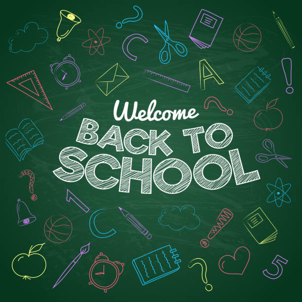 konzept des "back to school"-posters auf grüner tafel. vektor. - blackboard green learning chalk stock-grafiken, -clipart, -cartoons und -symbole