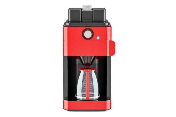 Red modern coffeemaker or coffee machine, 3D rendering isolated on white background