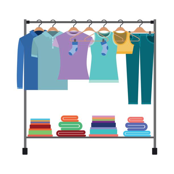 colorful silhouette of clothes rack with t-shirts and pants on hangers and fold clothes on bottom colorful silhouette of clothes rack with t-shirts and pants on hangers and fold clothes on bottom vector illustration white t shirt silhouette stock illustrations