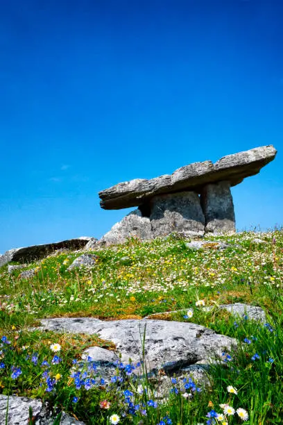 Photo of Poulnabrone Dolmen Portal Tomb at The Burren in County Clare, Ireland.