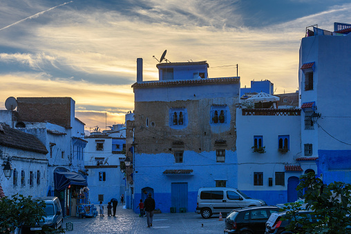 CHEFCHAOUEN, MOROCCO - SEP 10, 2015: Evening in Architecture of Chefchaouen, small town in northwest Morocco famous by its blue buildings