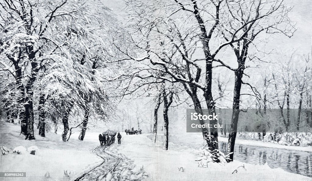 Winter wonderland at the river, horses on the left side Illustration from 19th century 19th Century stock illustration