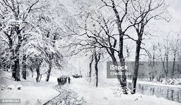 Winter Wonderland At The River Horses On The Left Side Stock Illustration - Download Image Now