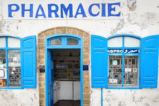 ESSOUIRA, MOROCCO - OCT 2, 2015: Pharmacy in Essouira, Morocco. The city was called Sidi Megdoulin in 11th-century