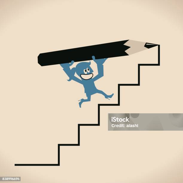 Happy Smiling Businesswoman On Ladder Way To Success Stock Illustration - Download Image Now