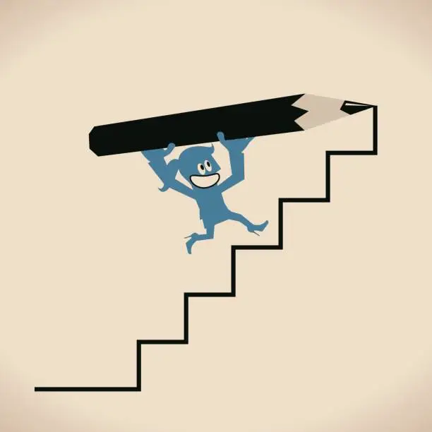 Vector illustration of Happy smiling businesswoman (woman, girl) holding large pencil, drawing stairs upwards, walking (running) on ladder. Way To Success